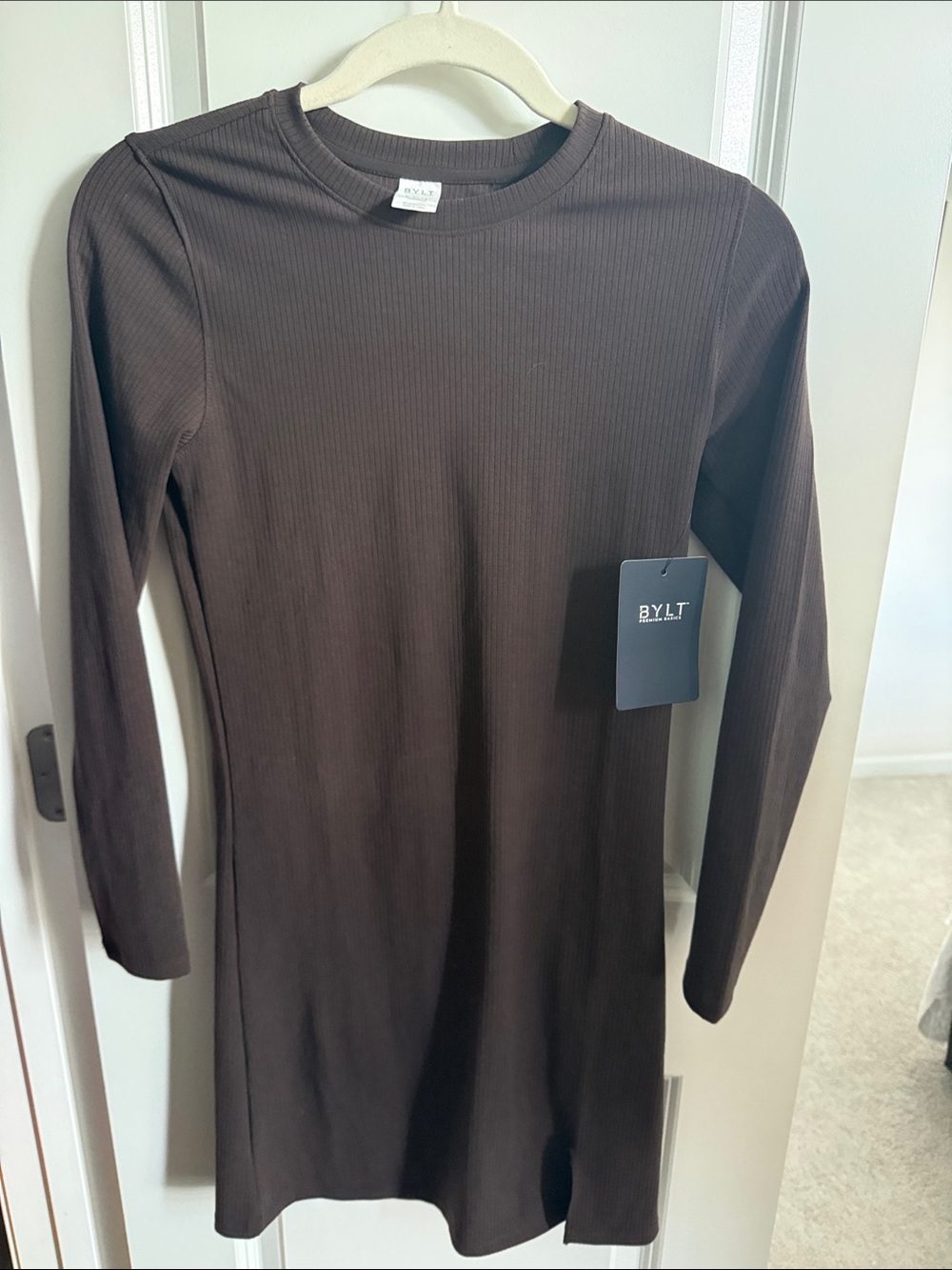 BYLT Premium Basics Rib Long Sleeve Split Hem Dress Coffee Medium NWT